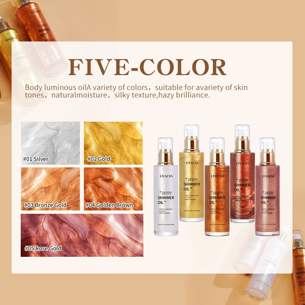 100ml Body Shimmer Oil Highlighter Face Brighten Glitter Bronzer Pearl White Rose Gold Skin Glow Illuminator Makeup Shine Liquid