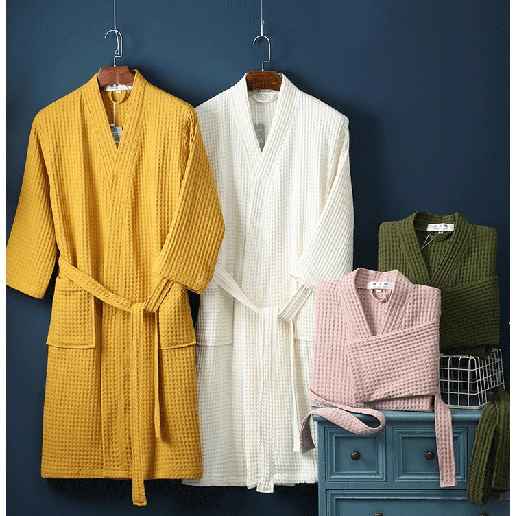 Cotton Bathrobe Spring/summer Thin Morning Robe Long Waffle Hotel Beauty Salon Bathrobe Women Sleepwear Sexy Pajamas Bath Robes