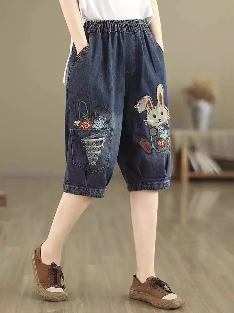 High Waist Loose Fit Cartoon Embroidery Denim orts Women's Summer Thin Harem Pants Wide Leg Casual Trousers