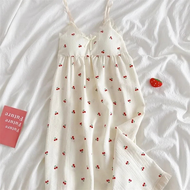 With Chest Cushion Halter Nightgown Female Summer Floral Breathable Thin Section of the Princess Style Loose Knee-Length Pajamas