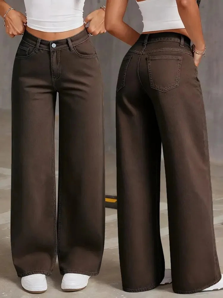 Women's Coffee Brown Wide Leg Jeans High Waisted Super Stretchy Loose Fit Denim Trousers Streetwear