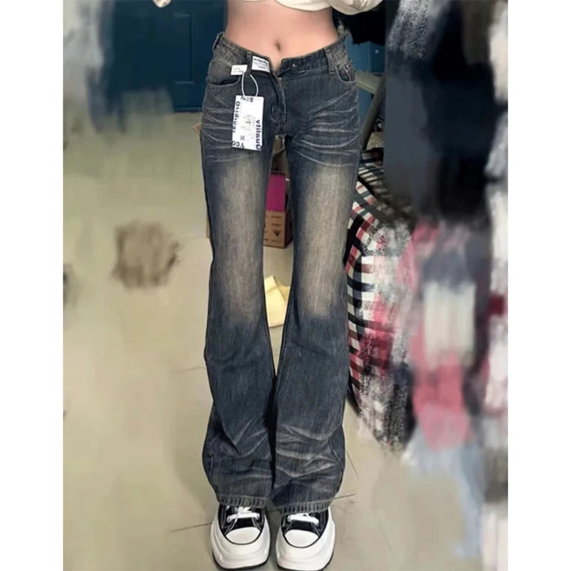 Women's Grey Flare Jeans Vintage Korean High Waist Cowboy Pants Harajuku Denim Trousers 90s Aesthetic Y2k Emo 2000s Clothes 2024