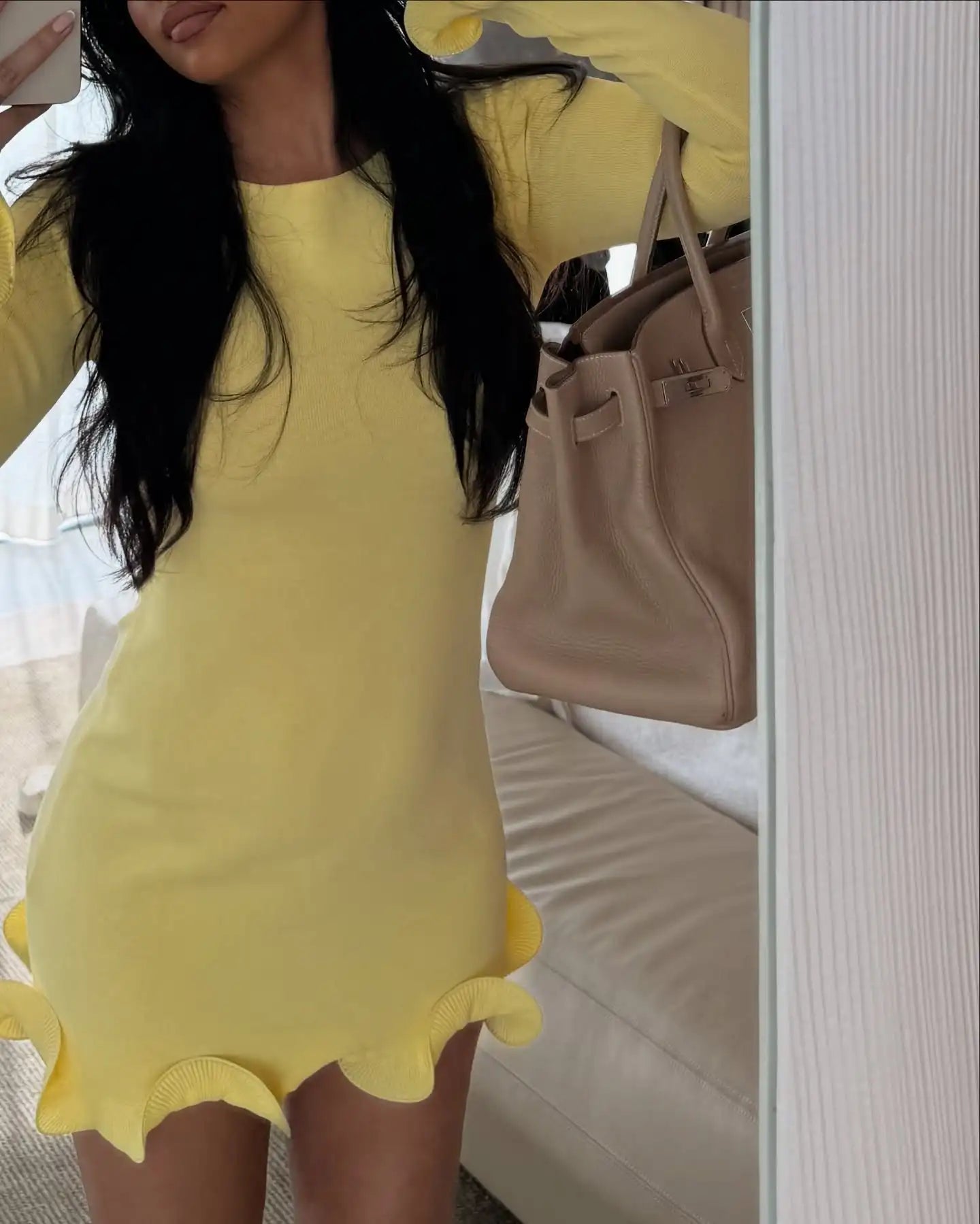 Women Solid Color Ruffles Hem Mini Dress Elegant O Neck Long Sleeve Slim Fit Gown Summer Vacation Holiday Party Dress