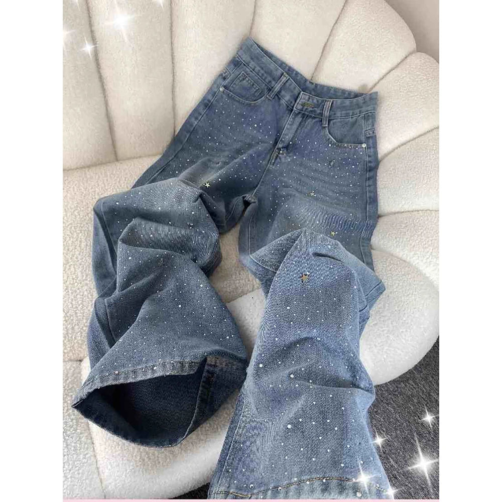 Shiny Diamond Bling Denim Pants Spring Autumn Women High Waist Straight Wide Leg Jeans Glitter Rivet Loose Blue Denim Pants ﻿