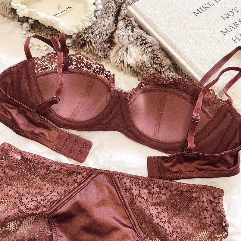 Lace Half-Cup Bra and Panty Set for Small Busts, With Soft Underwire to Gather and Lift, And a Sexy, Lightweight Bra Set.