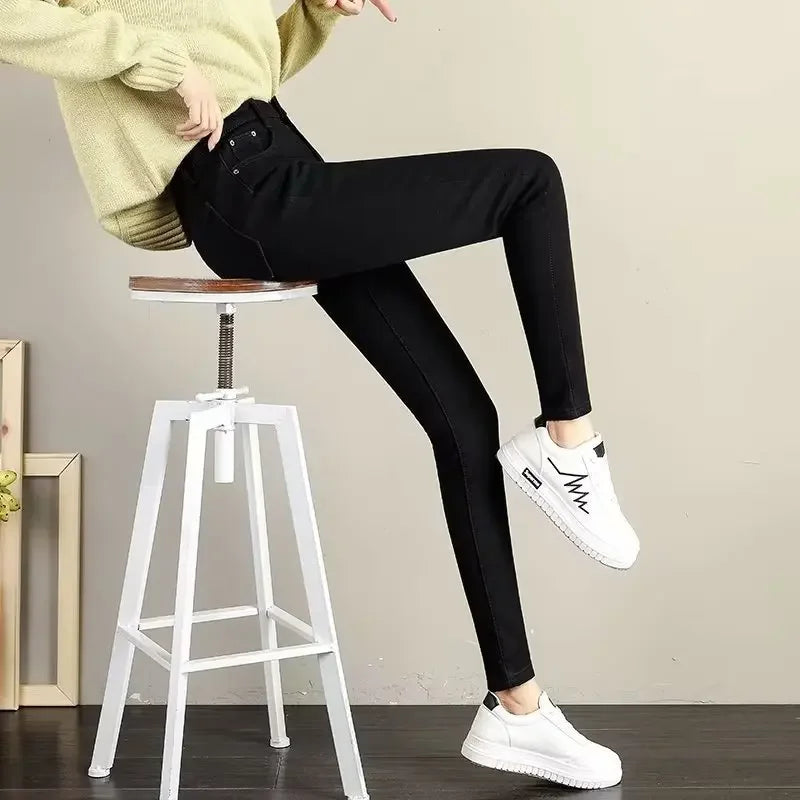 High Waist Fleece Lined Skinny Jeans Women's Autumn Winter New Style Pure Color Slimming Tight Fit Ankle Length Pants