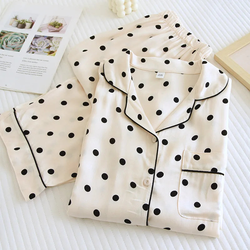 2023 Spring/Summer New Women's Pajama Set Gongsatin Cotton Women's Pajama Silk 100% Viscose Polka Dot Print Sleepwear 2-Piece