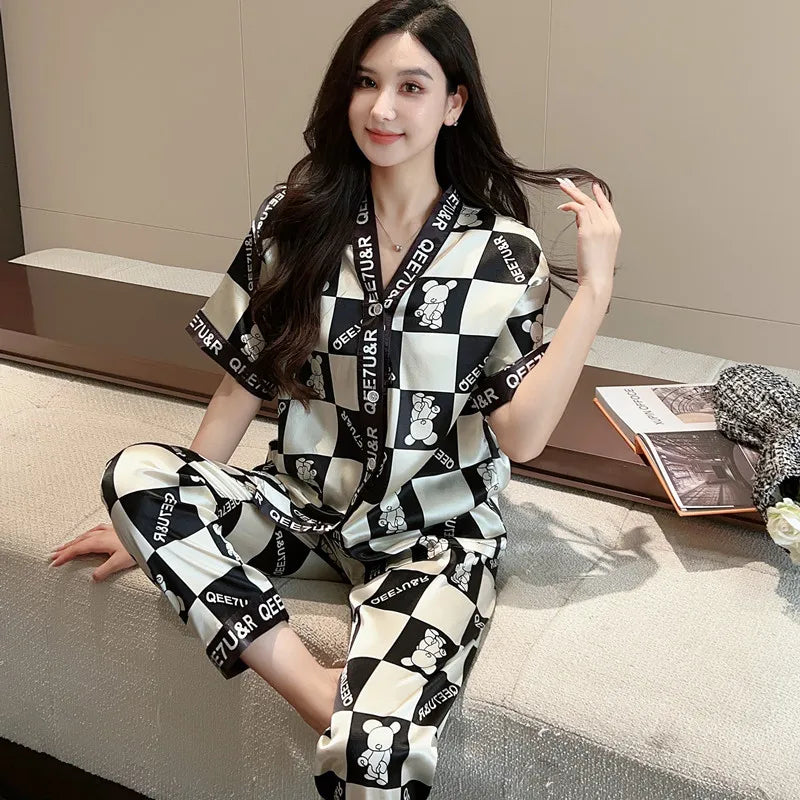 2 Pieces/Set Ladies Pajamas Ladies Homewear Women's Ice Silk Short Sleeve Long Pants Set Large Bear Pajamas Girls Clothes Lounge