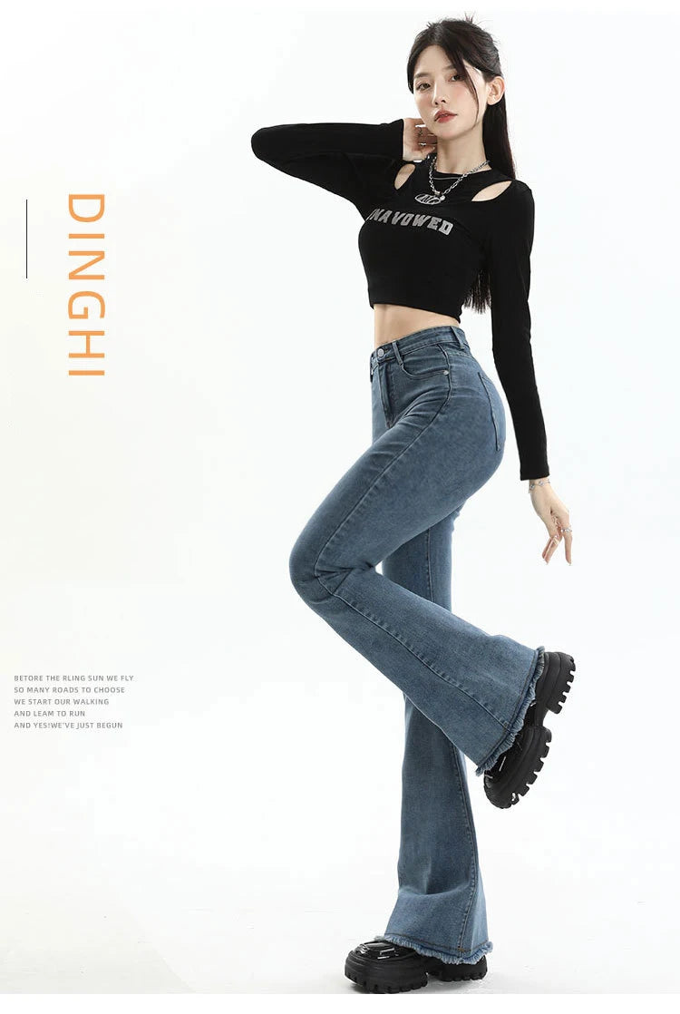 BIVIGAOS 2025 New Autumn Spring Micro Flared Jeans Women High Waist Slim Tight Retro Tassel Hem Stretch Denim Horseshoe Pants