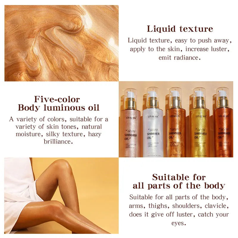 100ml Body Shimmer Oil Highlighter Face Brighten Glitter Bronzer Pearl White Rose Gold Skin Glow Illuminator Makeup Shine Liquid