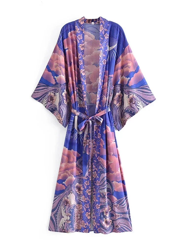 Vintage Chic Women Star and Moon Floral Print Bat Sleeve Beach Bohemian Kimono Dress Robe Ladies Summer Boho Bikini Cover-ups
