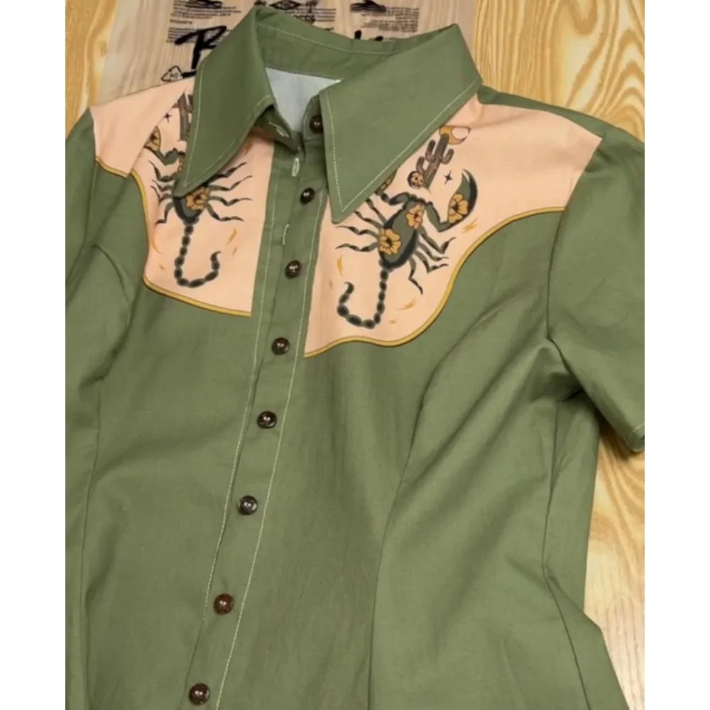 Flowers and Scorpions Printed Western Cowboy Dress for Women Sexy Girly Button-down Dress Short Sleeves 100% Cotton Summer Dress