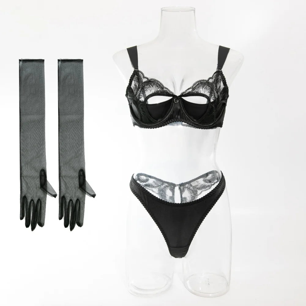 Krasapt New Fashion Sexy Hollow Out Satin Splicing Sexy Female Underwear Women's Embroidery Lingerie Set With GLoves Intimates
