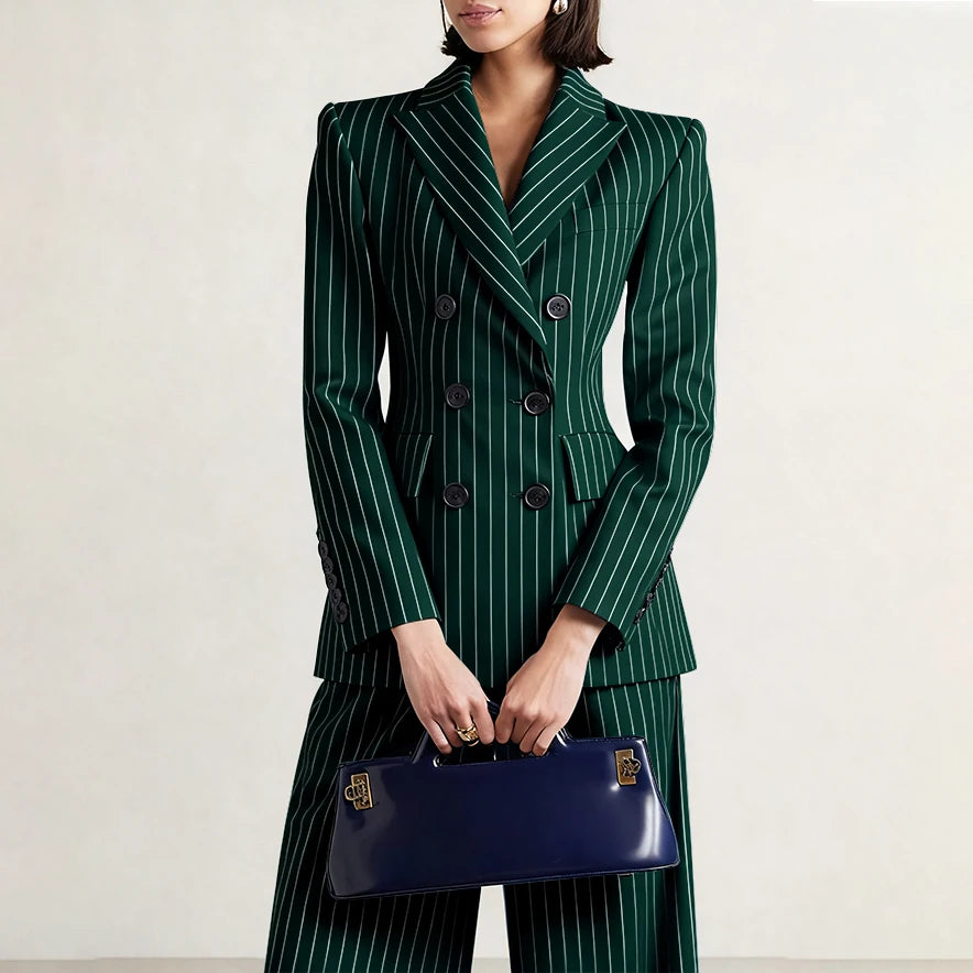 Slim Chic Double Breasted Women Pants Set High-end Female Two Pieces(Jacket+Trousers)أطقم بناطيل