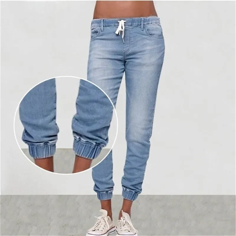 Lace-up Jeans for Women Denim Pants Casual Loose Slim Fit Stretch Long Denim Pure Color Trousers Blue Black Jean 2024 summer