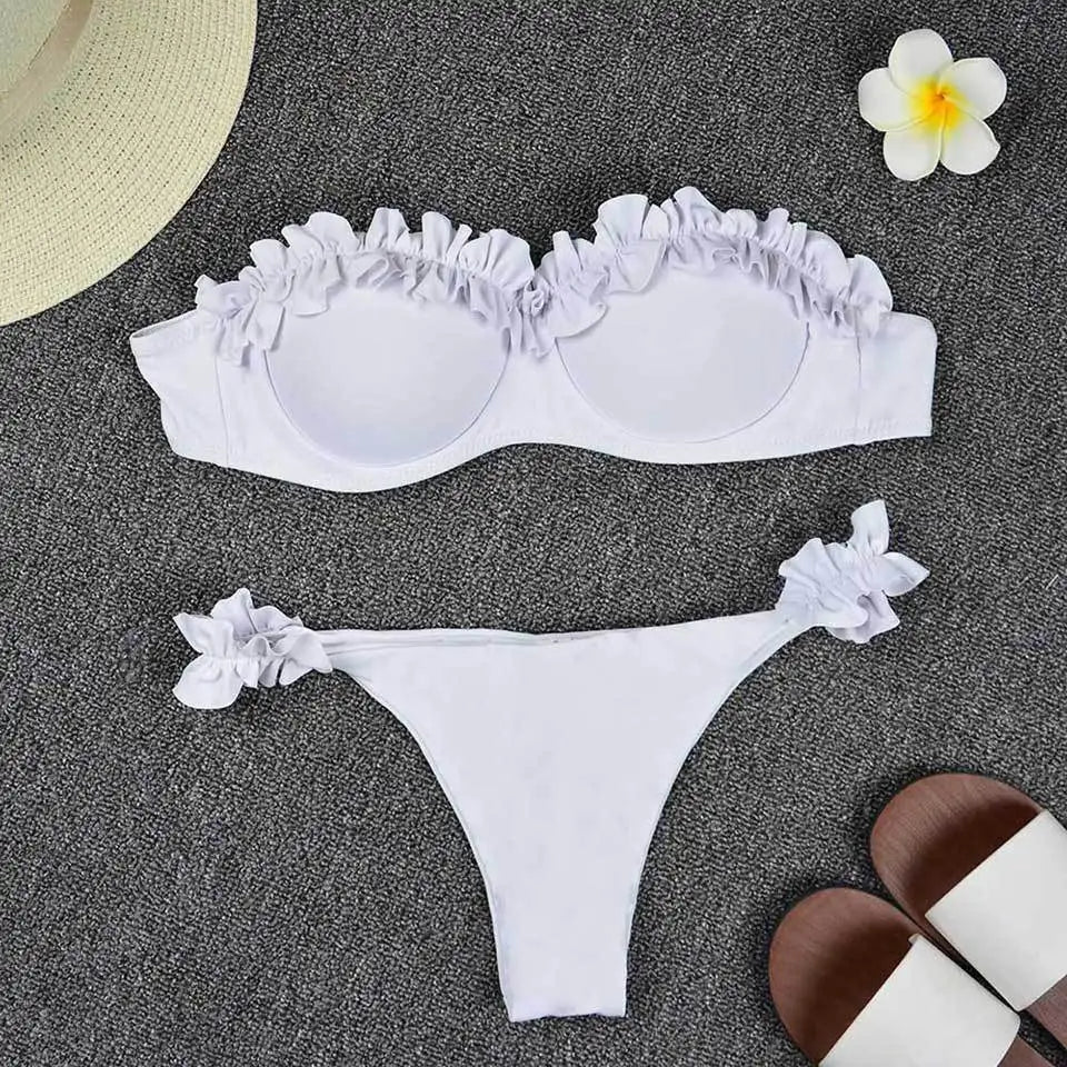 sexy ruffles strapless bikinis sets women leopard print swimsuit two pieces biquini push up bandeau lady swimwear bathing suits