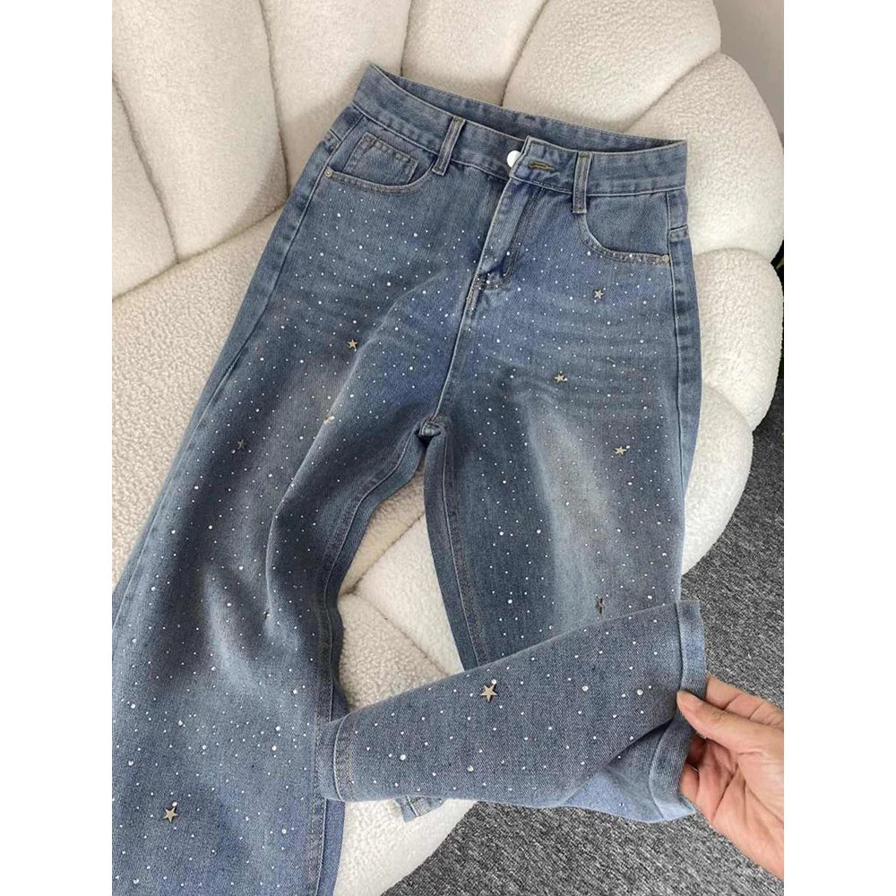 Shiny Diamond Bling Denim Pants Spring Autumn Women High Waist Straight Wide Leg Jeans Glitter Rivet Loose Blue Denim Pants ﻿