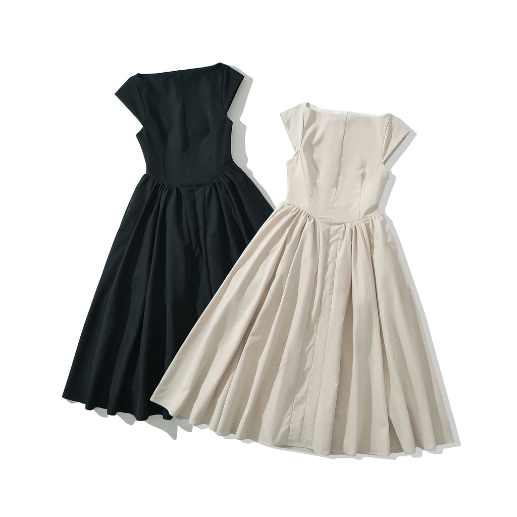 2024 Sexy Slash Collar Short Sleeve Low Waist Midi Dress Women Hollow Out Back Backless Pleated Swing A-line Party Robe Black