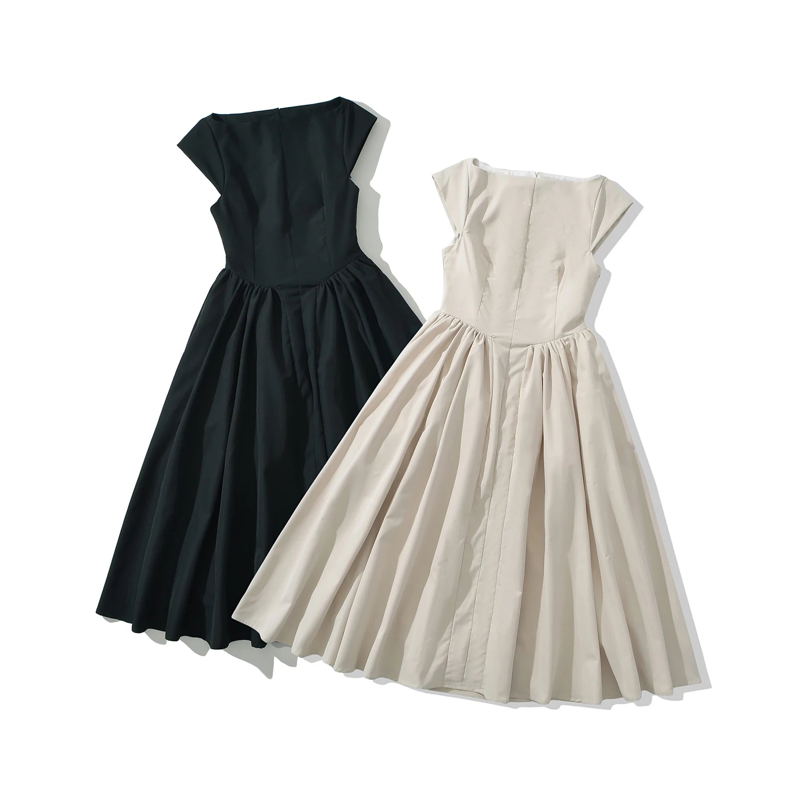 2024 Sexy Slash Collar Short Sleeve Low Waist Midi Dress Women Hollow Out Back Backless Pleated Swing A-line Party Robe Black
