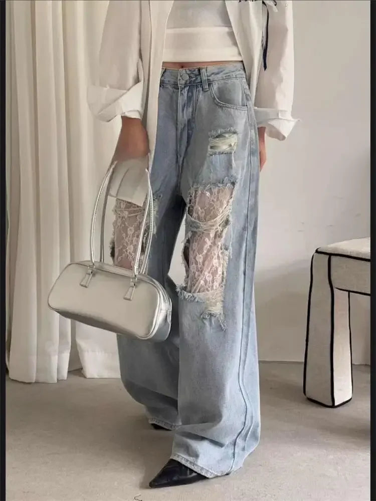 Women High Waist Wide Leg Jeans Summer Patchwork Lace Denim Pants with Large Holes |Retro Casual Trousers for Women