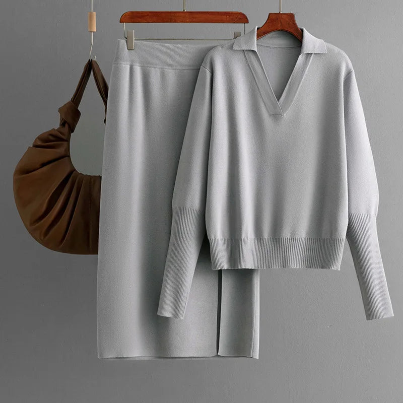 Autumn Winter Fashion Women's Casual Trendy Solid Color Elegant Loose Knitted 2 Piece Sets Turn-down Collar Tops Skirts Clothes