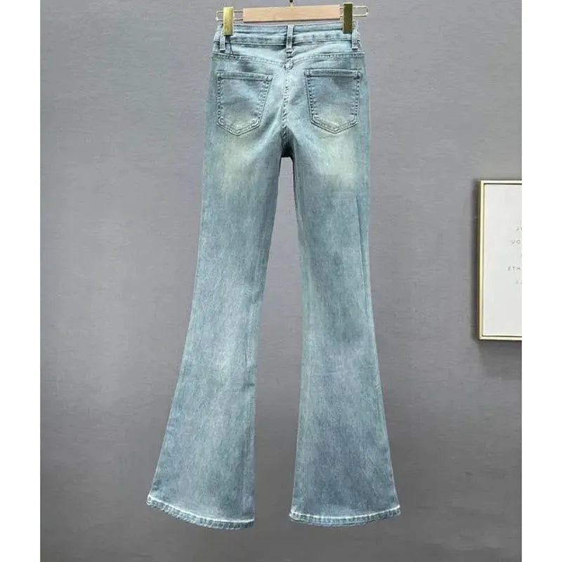 Slim-Fit Denim Micro Flared Pants Female Tide New Fashion Elastic High Waist Rhinestone Button Zipper Temperament Joker Pants