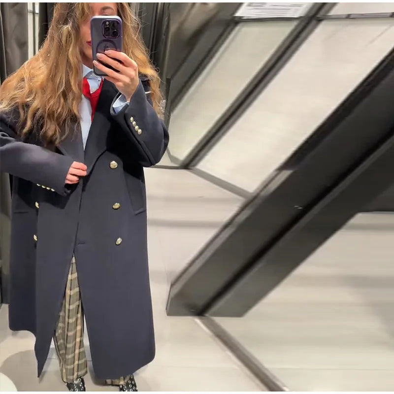 Elegant Stand Collar Long Woolen Coat Women Loose Full Sleeve Single Breast Warm Overcoat 2026 Spring Lady Outwear New