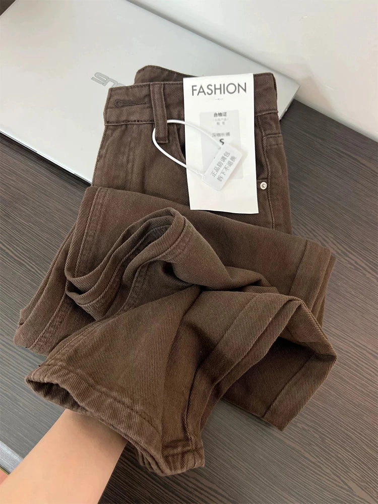Women's Brown Y2k Jeans Harajuku Oversize Denim Trousers Vintage Japanese 2000s Style High Waist Baggy Jean Pants Trashy Clothes