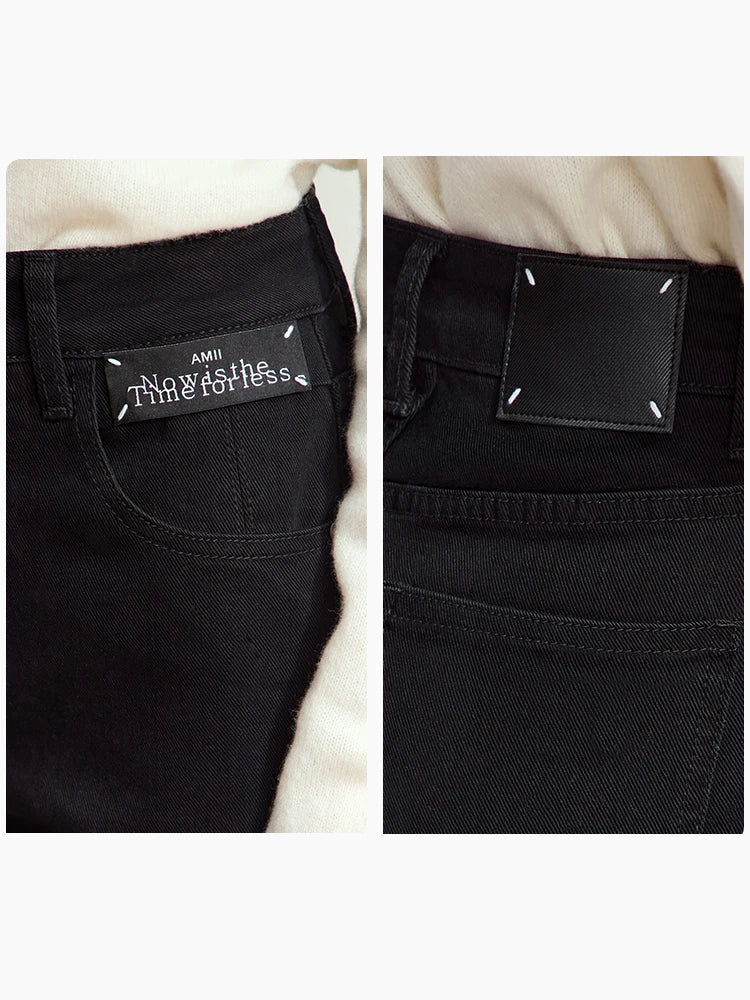 AMII Minimalist Women's Black Loose Jeans 2024 Winter New Leather Tag Decoration Female Straight Long Wide Leg Pants 12444098