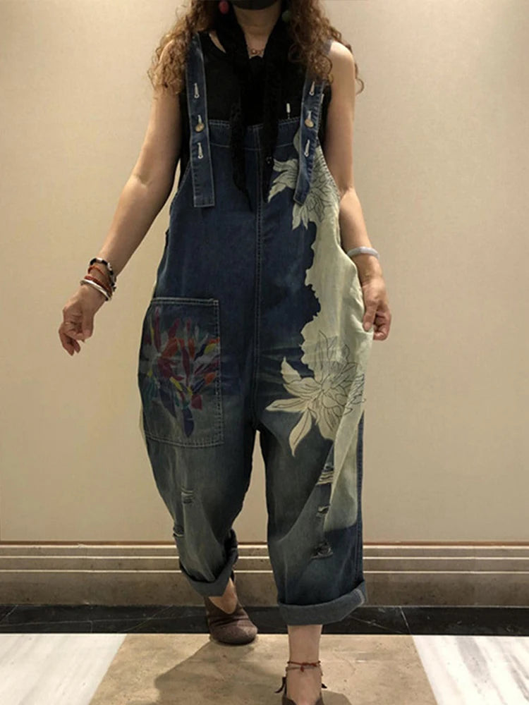 Amax luluE 2025 Korean Fashion Spring Female Printed Denim Overalls Ladies Vintage Casual Jeans Women Loose Trousers Wide Pants