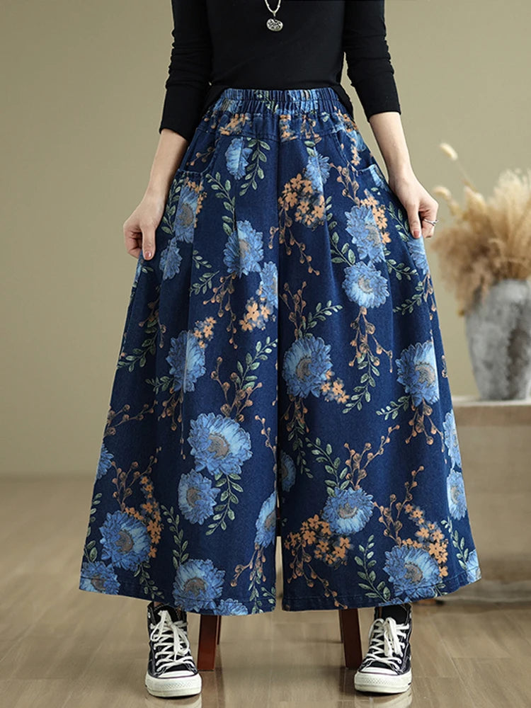 NYFS 2025 New Summer Vintage Print Woman Jeans Loose Plus size Trousers Elastic Waist Denim Wide Leg Pants