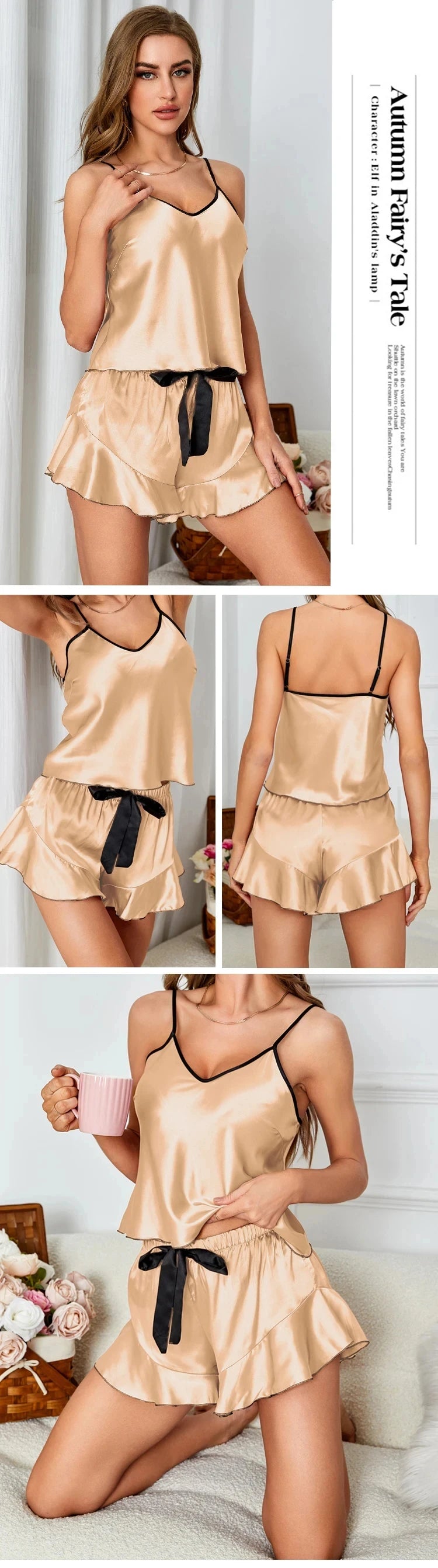 Women's Smooth Satin Pajamas V-Neck T-Shirt Ruffled Edges And Bow Shorts Simple And Breathable Pajama Set Sling Home Clothing