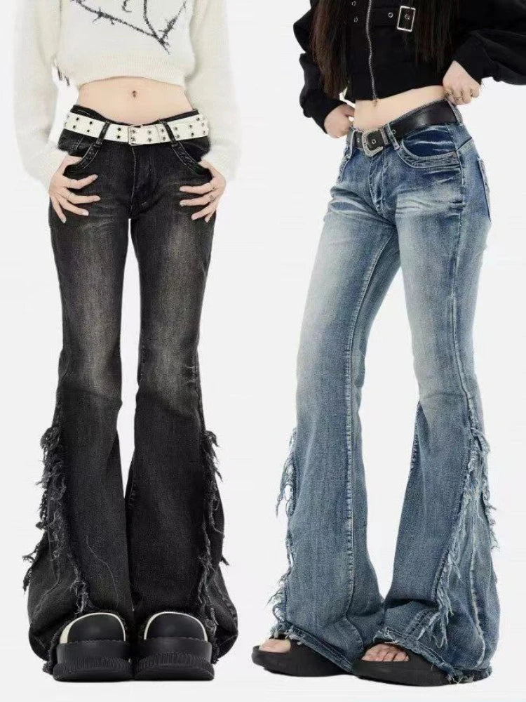New high street retro hottie micro-flare jeans women American Y2k autumn and winter raw edge splicing slim trousers