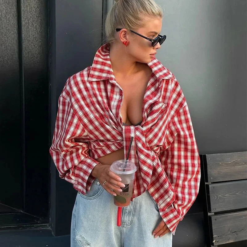 Women's Fall Summer 2025 New Fashion Retro Lapel Plaid Loose Red Long Sleeve Shirt Top