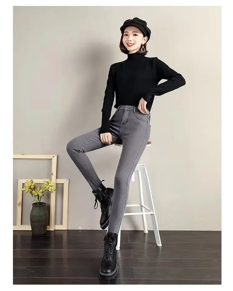 High Waist Fleece Lined Skinny Jeans Women's Autumn Winter New Style Pure Color Slimming Tight Fit Ankle Length Pants