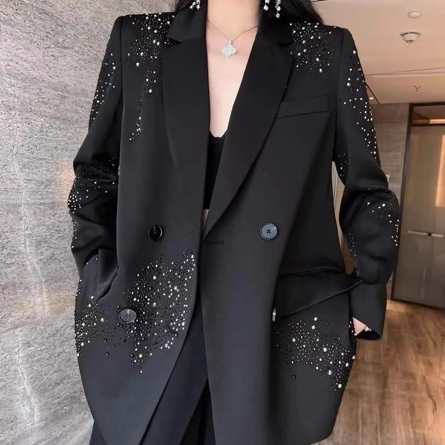 2024 Spring Autumn New Coat Suit Solid Color Popular Double Row Studded Diamond Sequin Loose Blazers