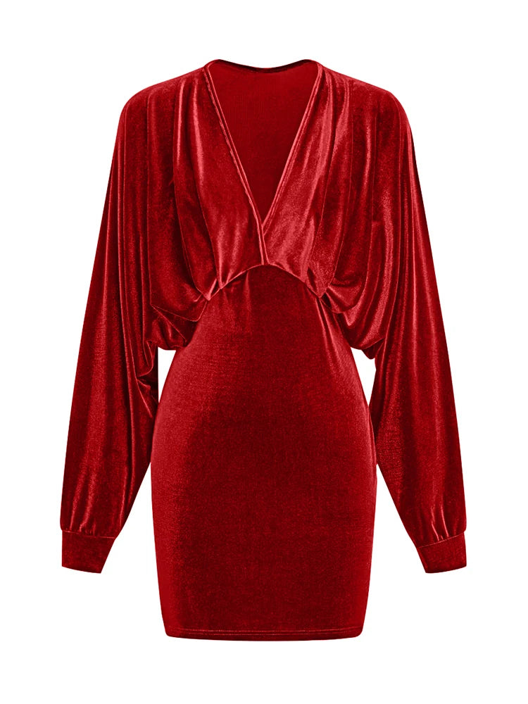 2025 Autumn and Winter Women's Long Sleeve V-Neck Sexy Solid Color Fashion Bodycon Mini Dress