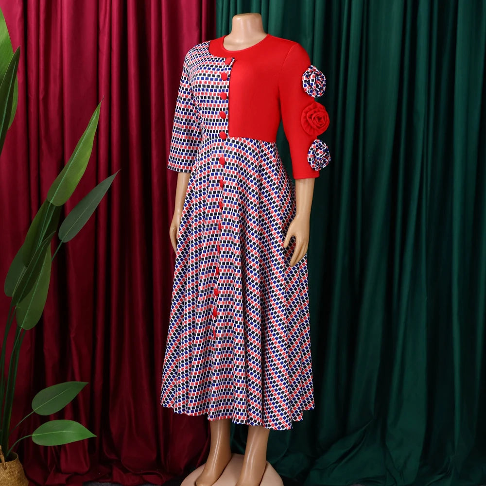Elegant Dresses for Women 2026 Fall Fashion African 3/4 Sleeve Party Birthday New Robe Chic 3D Flower Plaid Evening A-Line Dress