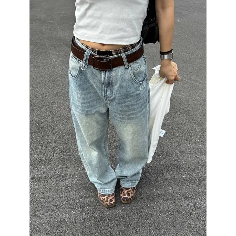 Wash Retro Light Blue Neutral Denim Trousers Women's Summer Cool Girl Pants Vintage Bottoms Female High Waist Wide-leg Jeans