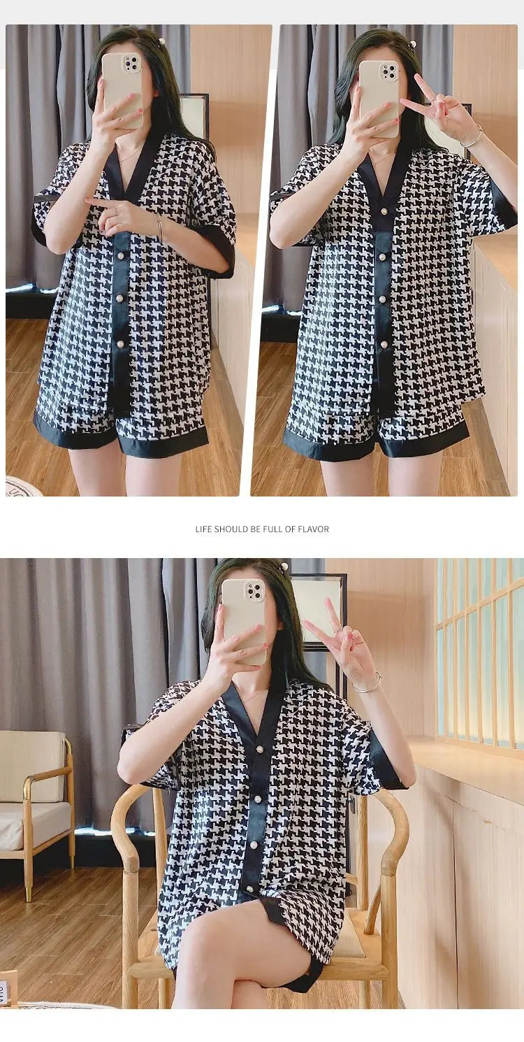 Luxury Women Silk Sleepwear Summer Short Sleeve Cardigan Shorts Two Pieces Homewear Kawaii Clothing Pajama Sets Nightwear Korean