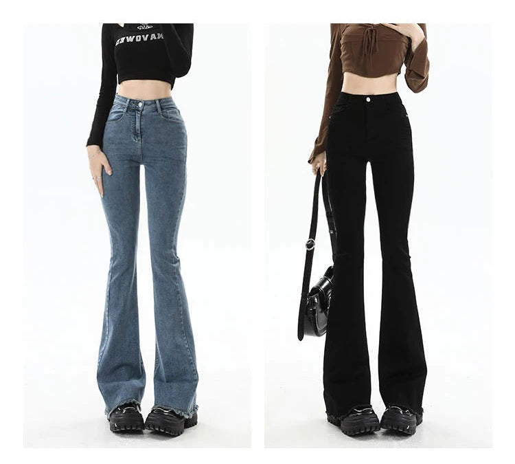 BIVIGAOS 2025 New Autumn Spring Micro Flared Jeans Women High Waist Slim Tight Retro Tassel Hem Stretch Denim Horseshoe Pants