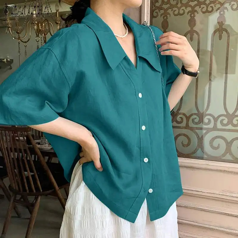 2023 ZANZEA Summer Shirt Women Blouses Turn-Down-Collar 3/4 Sleeved Buttons Up Blouse Loose Tops OL Shirts Solid Blusas Tunic
