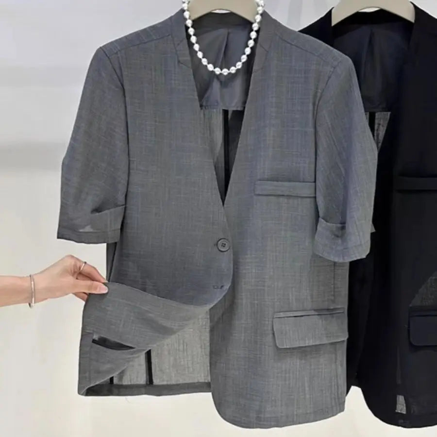 Slimming V-Ne Wide-Sle ort-Sve Suit Jaet Faionable Outerwear Commute Sle Polyester Casual Regular Length