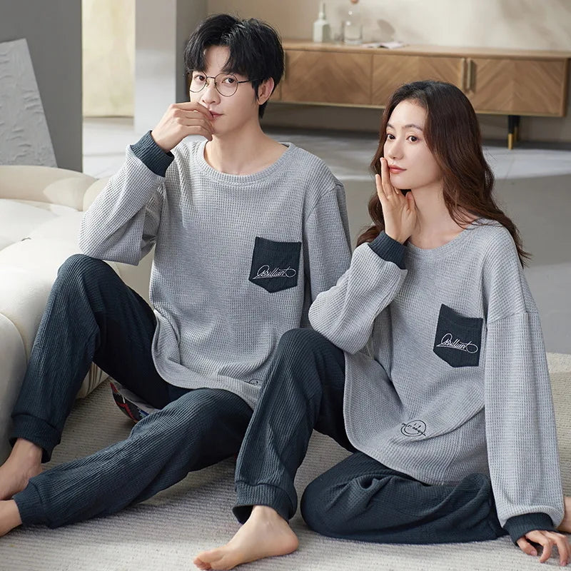 Couple Long Sleeves Sleepwear Autumn Winter Cotton Pajama Sets Print Pants Homewear Kawaii Clothes 2 Piece Sets Nightwear Lovers