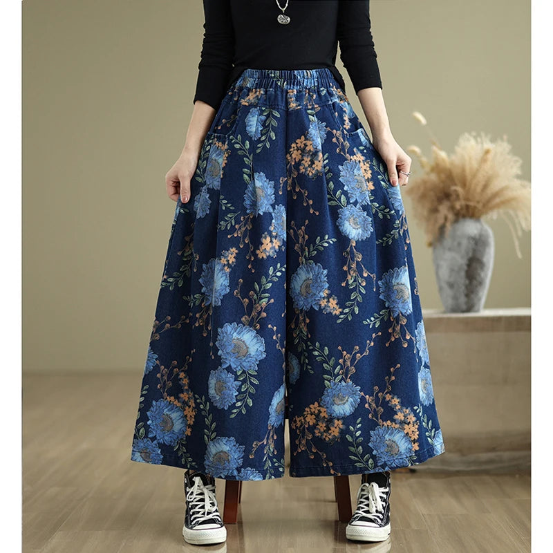 NYFS 2025 New Summer Vintage Print Woman Jeans Loose Plus size Trousers Elastic Waist Denim Wide Leg Pants