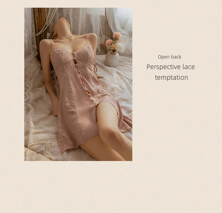 Elegant Women Nightgowns Sexy Pajamas Pure Desire Front Split Lace Spaghetti Strap Nightdress Summer Thin 2022 New Night Gown