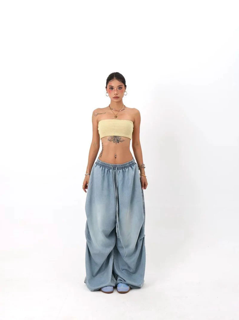 Autumn Oversized Women Wide Leg Jeans Y2K Hip Hop Streetwear Loose Denim Pants High Waist Drawstring All Match Straight Trousers
