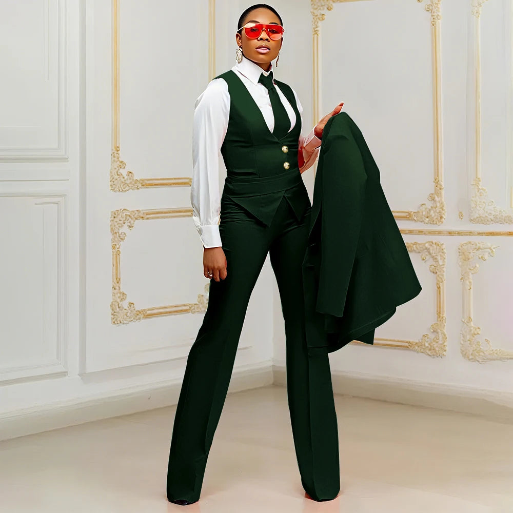 Orange Women's Suits Customized Plus Size Formal Single-breasted Peaked Lapel Three Pieces (Jacket+Pants+Vest) Office Lady Set