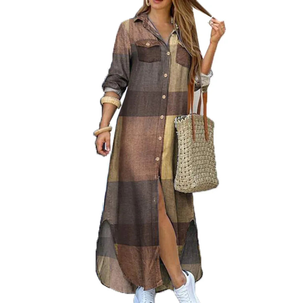 Camouflage Leopard Letters Floral Printed Dresses for Women 2025 Buttons Long Sleeve Loose Split Casual Solid Maxi Dress Robe