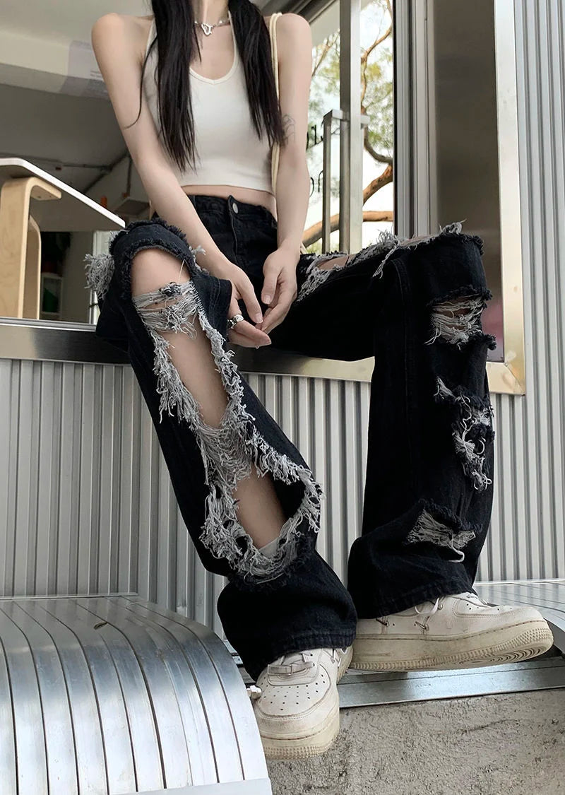 Zoki Hip Hop Hole Jeans Women Y2K Streetwear Harajuku Hollow Out Denim Pant American Retro High Waist Female Straight Trousers